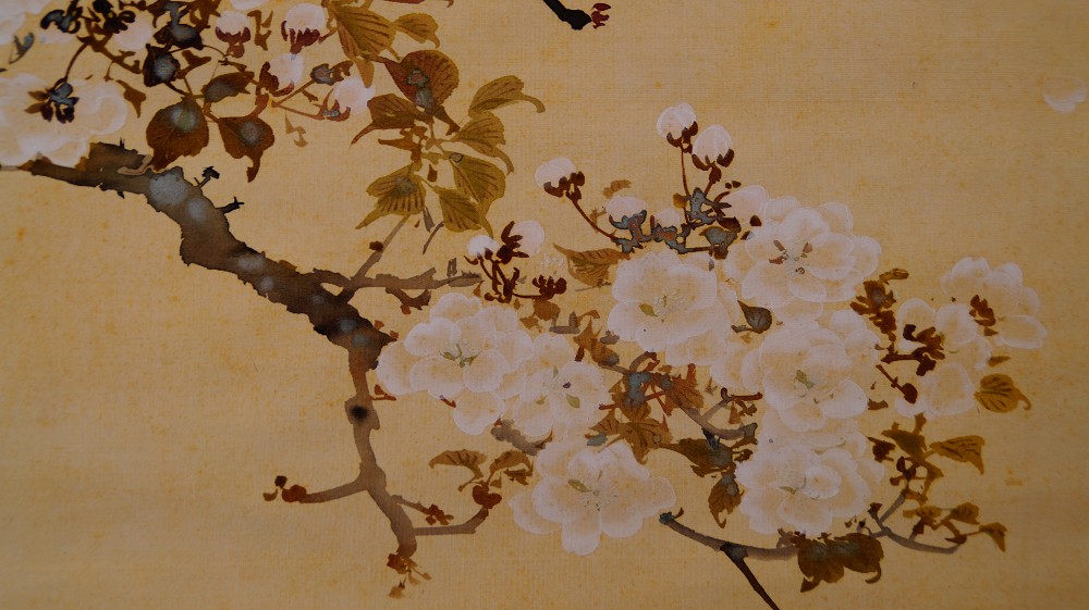 Close-up of the white cherry blossoms and leaves in the hanging scroll Spring Awakening Two birds on a blooming cherry branch