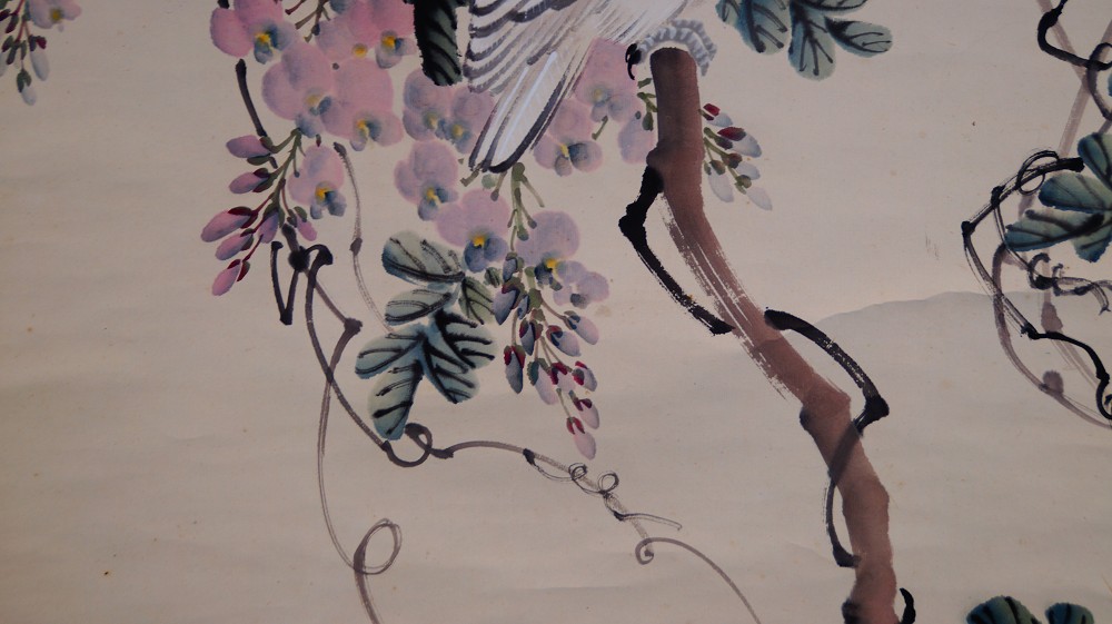 Cockatoo in Blooming Wisteria Kakemono by Cho Ikkyu Wisteria Motif Close-Up