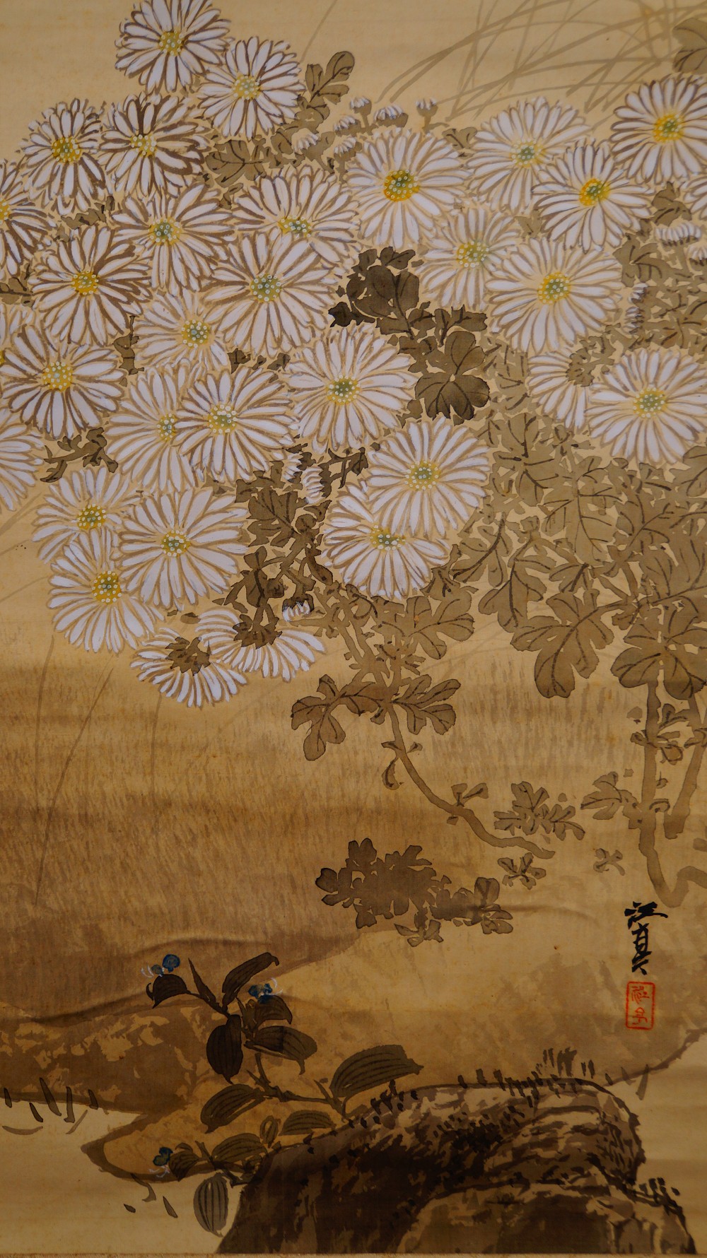 Sparrows over Chrysanthemums Kakemono by Fukui Kotei Chrysanthemum Motif Close-Up 2