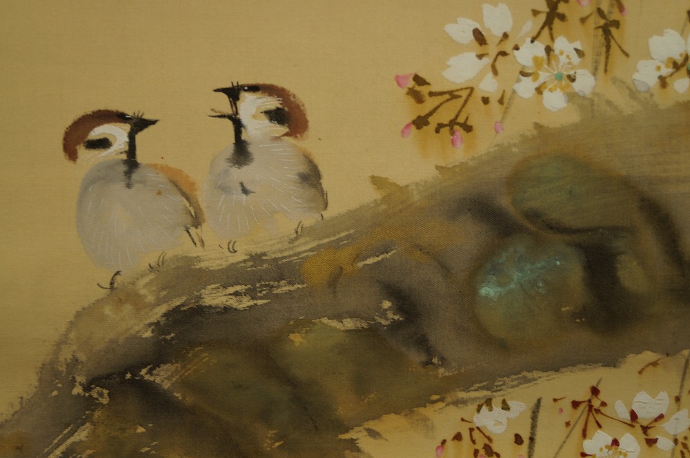 Two sparrows on the sakura branch sparrow motif close-up 2