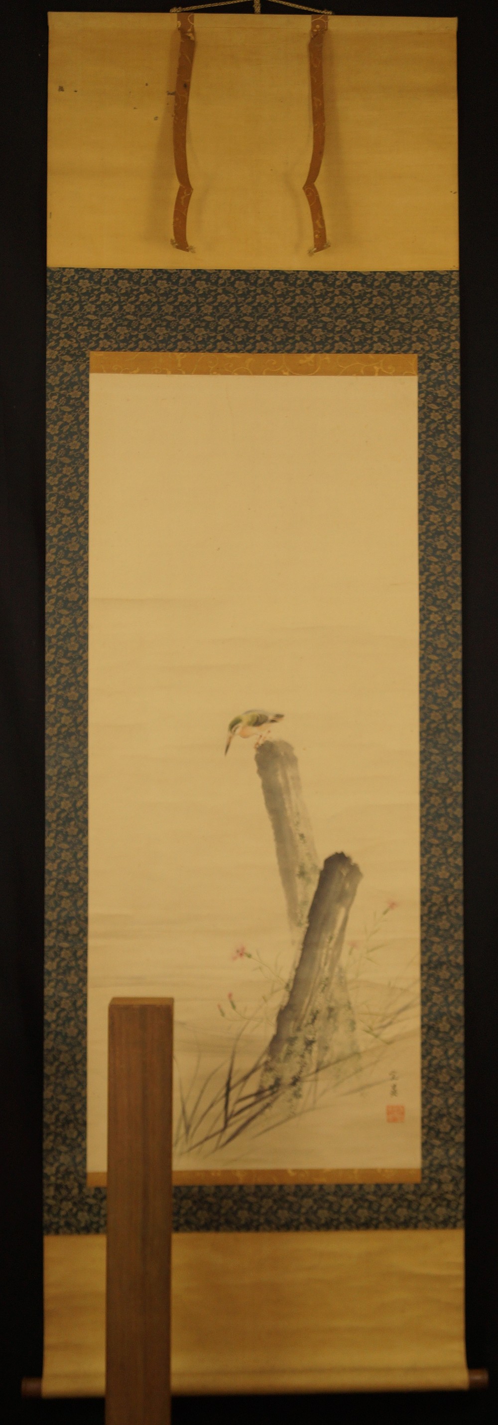 Japanese hanging scroll with kingfisher on a branch full view of hanging scroll