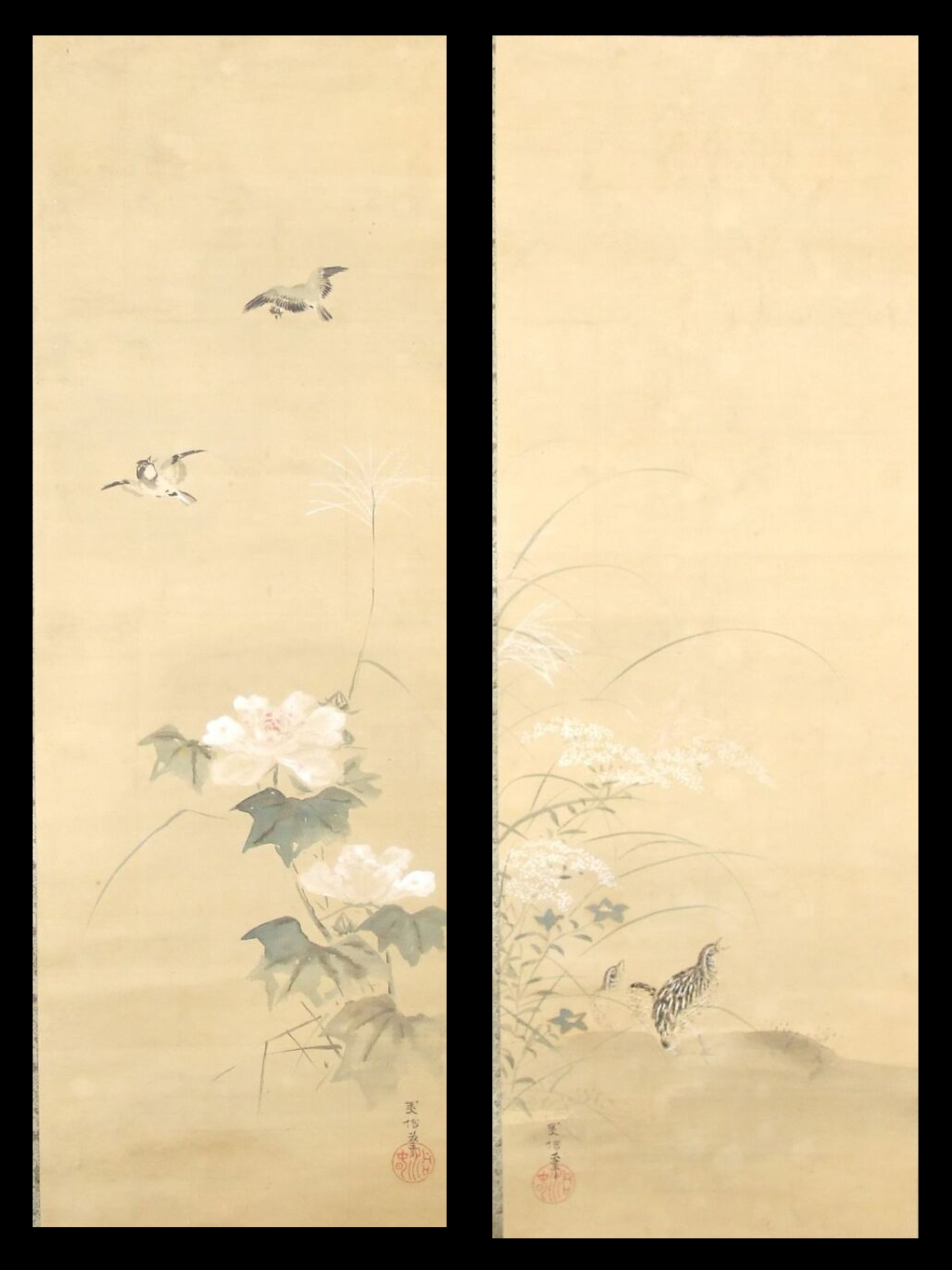 Further view of the full motif of both hanging scrolls in the set, without mounting