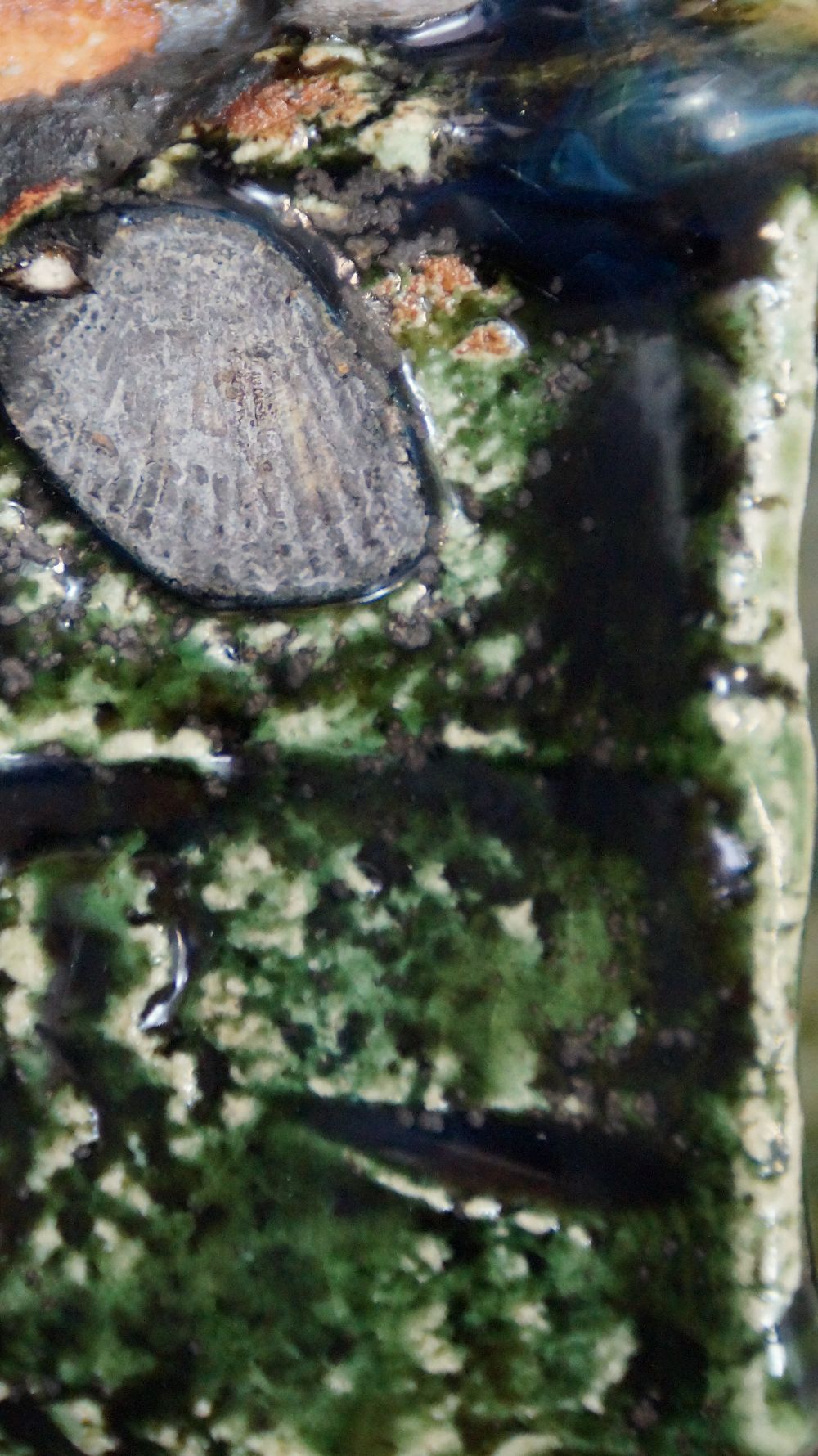 Extreme close-up of the stone-like glaze inclusions of the Yunomi tea cup made of Oribe ware