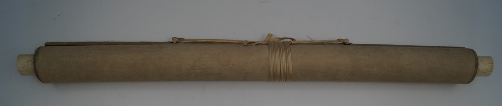 Two raccoon dogs and full moon hanging scroll rolled up