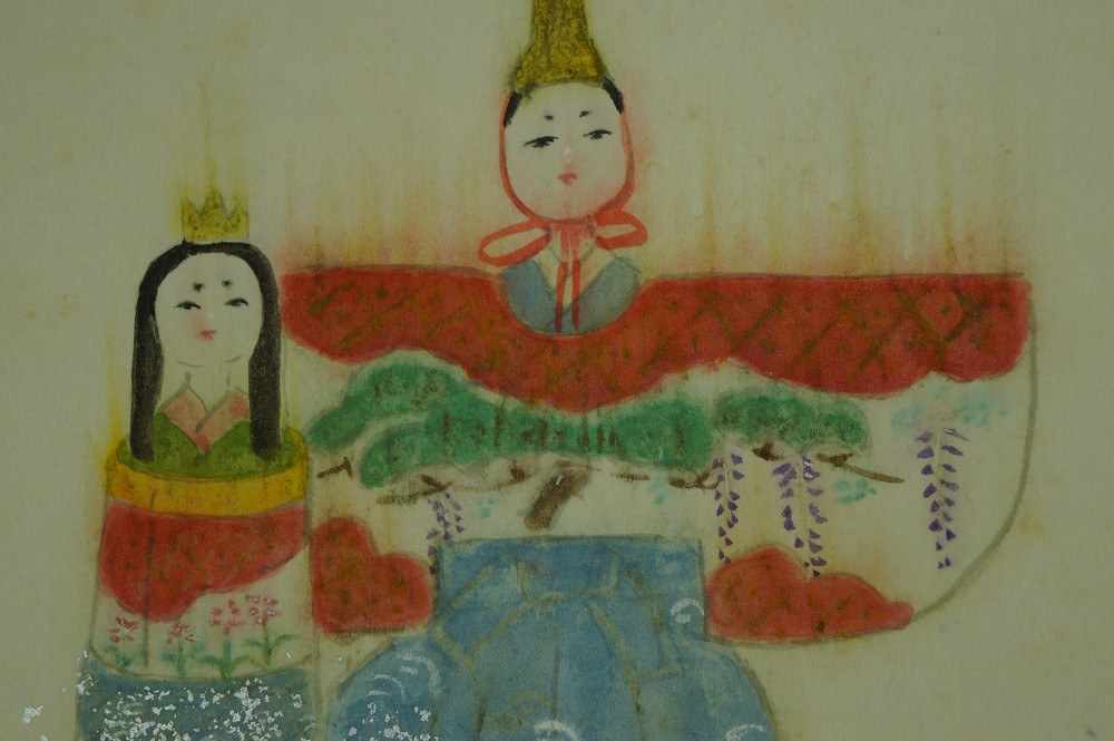 Hina Puppen im Kiefernwald Kakemono Hina-Puppen-Motiv Nahaufnahme