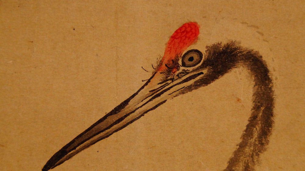 Close-up of the crane's head with red crown and long beak by Murata Toho