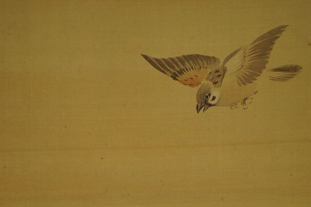 Sparrows and Chrysanthemums Hanging Scroll Sparrow Motif Close-Up 1