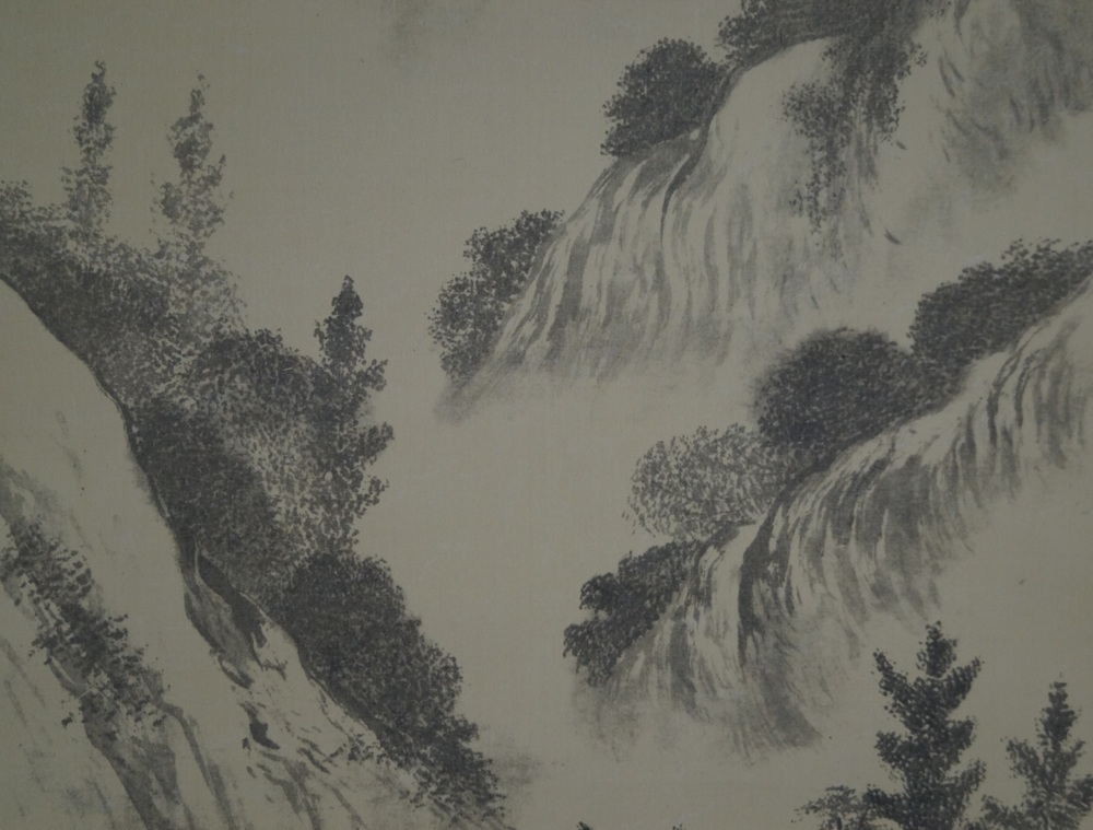 Landscape with water mill and waterfalls close-up of the narrow waterfalls between trees landscape close-up 2