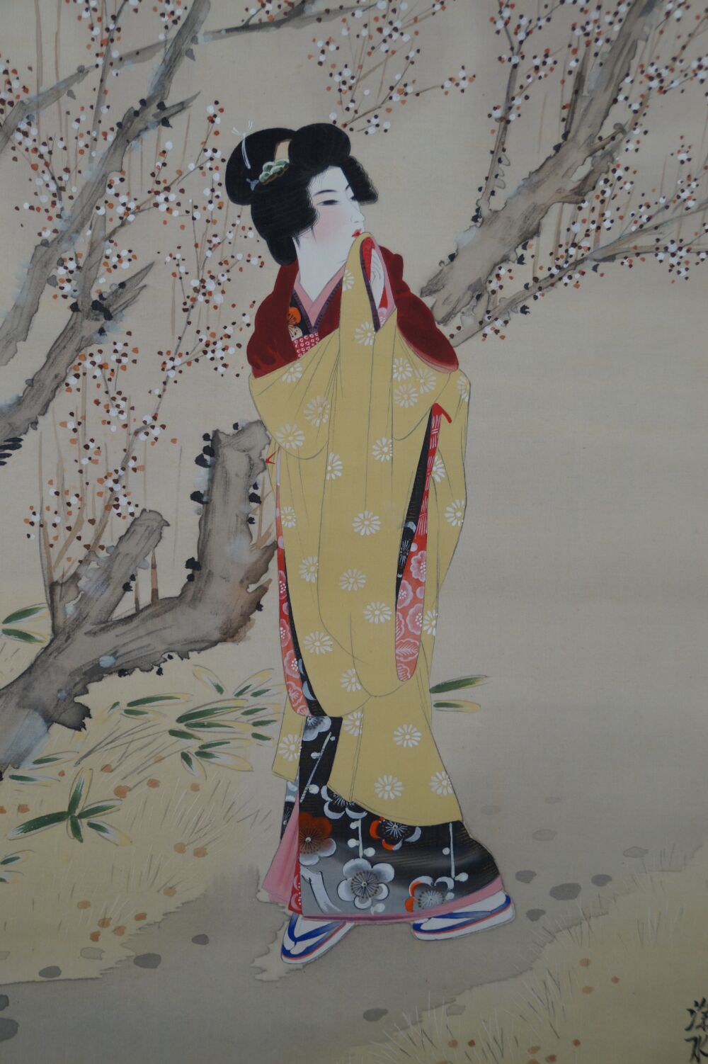 Full Motif of the Hanging Scroll Lady in Kimono Under Blossoming Plum Tree, Without Mounting