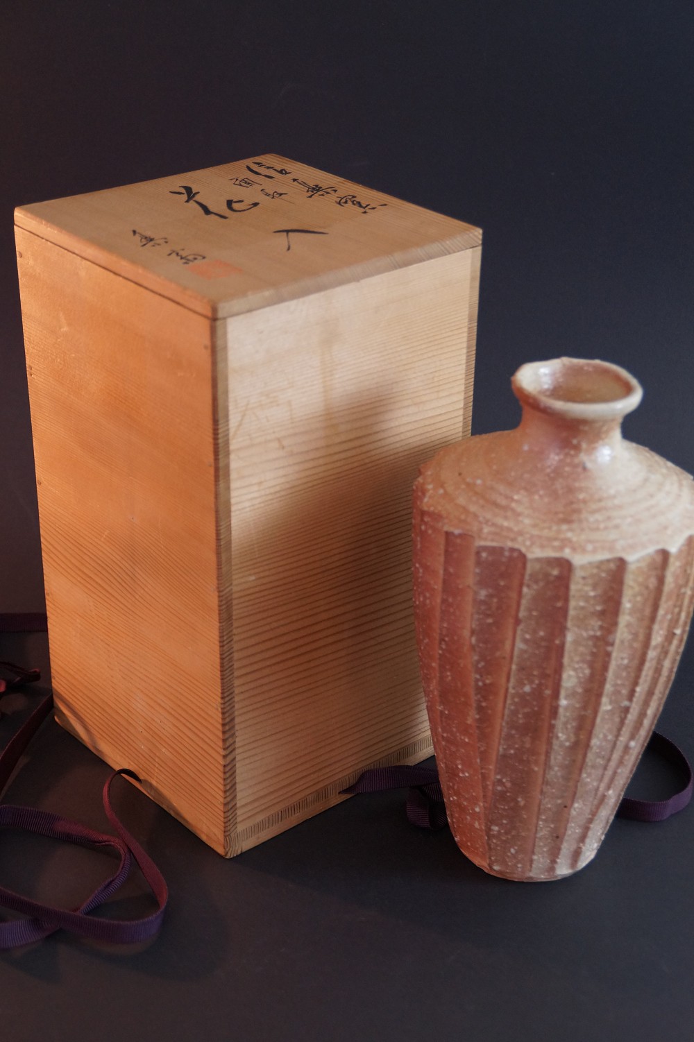Shigaraki Vase by Takahashi Rakusai Front View with Storage Box