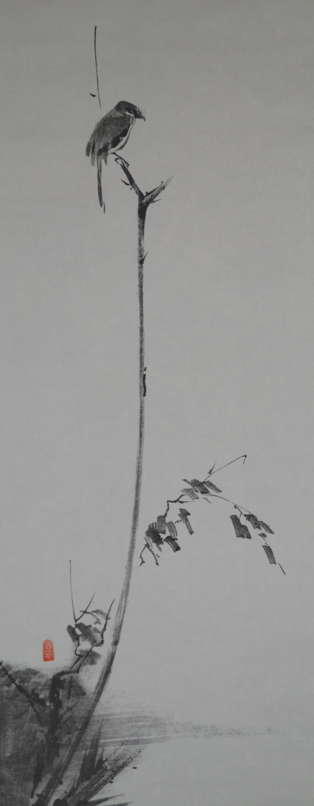Shrike on a tall reed stalk by the water in the shrike scroll of the triptych after Miyamoto Musashi with red artist's seal