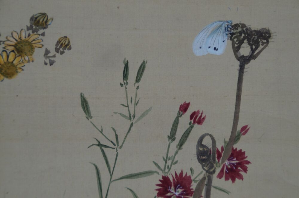 Further Detail View of Butterfly, Red Carnations and Chrysanthemums in the Kakemono