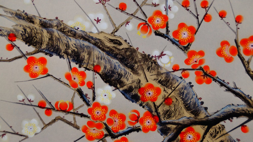 Spring Branch with Bird Hanging Scroll by Arii Shoun Plum Blossom Motif Close-Up