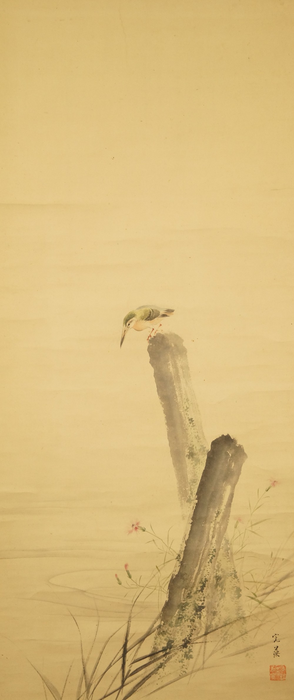 Painted motif of kingfisher on tree stump with blossoms without mounting