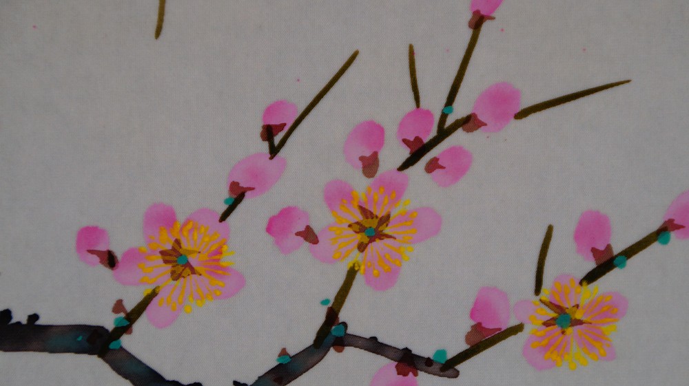 Additional close-up of the pink plum blossoms on the branch in the kakemono Heralds of Spring by Koizumi Kogetsu