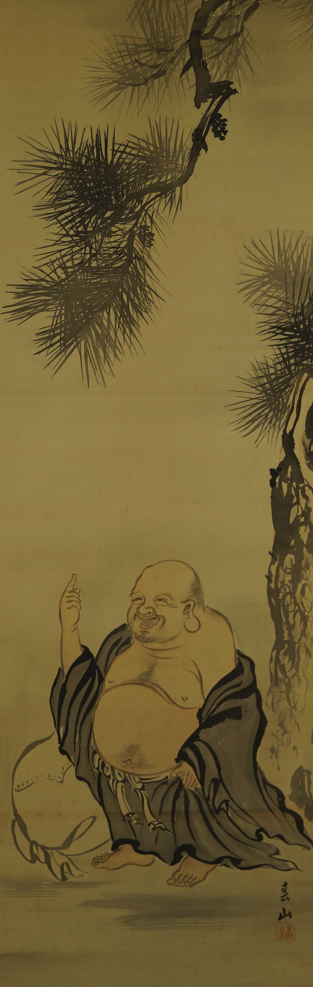 Hotei Under the Pine Hanging Scroll Full Motif Without Mounting