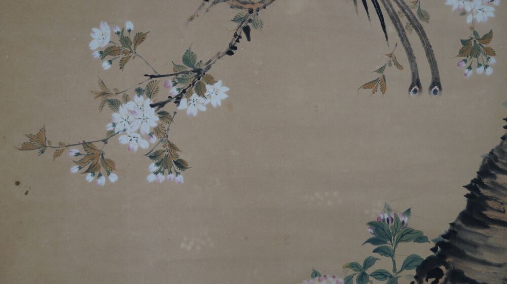 Close-up of the cherry blossom branches and the tail feathers of the birds in the Kakemono Spring Duet on a Blossoming Branch