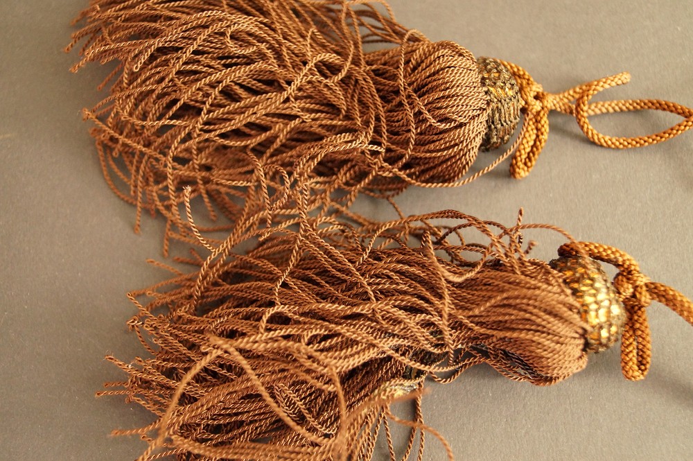 Brown Silk Tassels with Gold-Colored Beads Tassel Close-Up 1