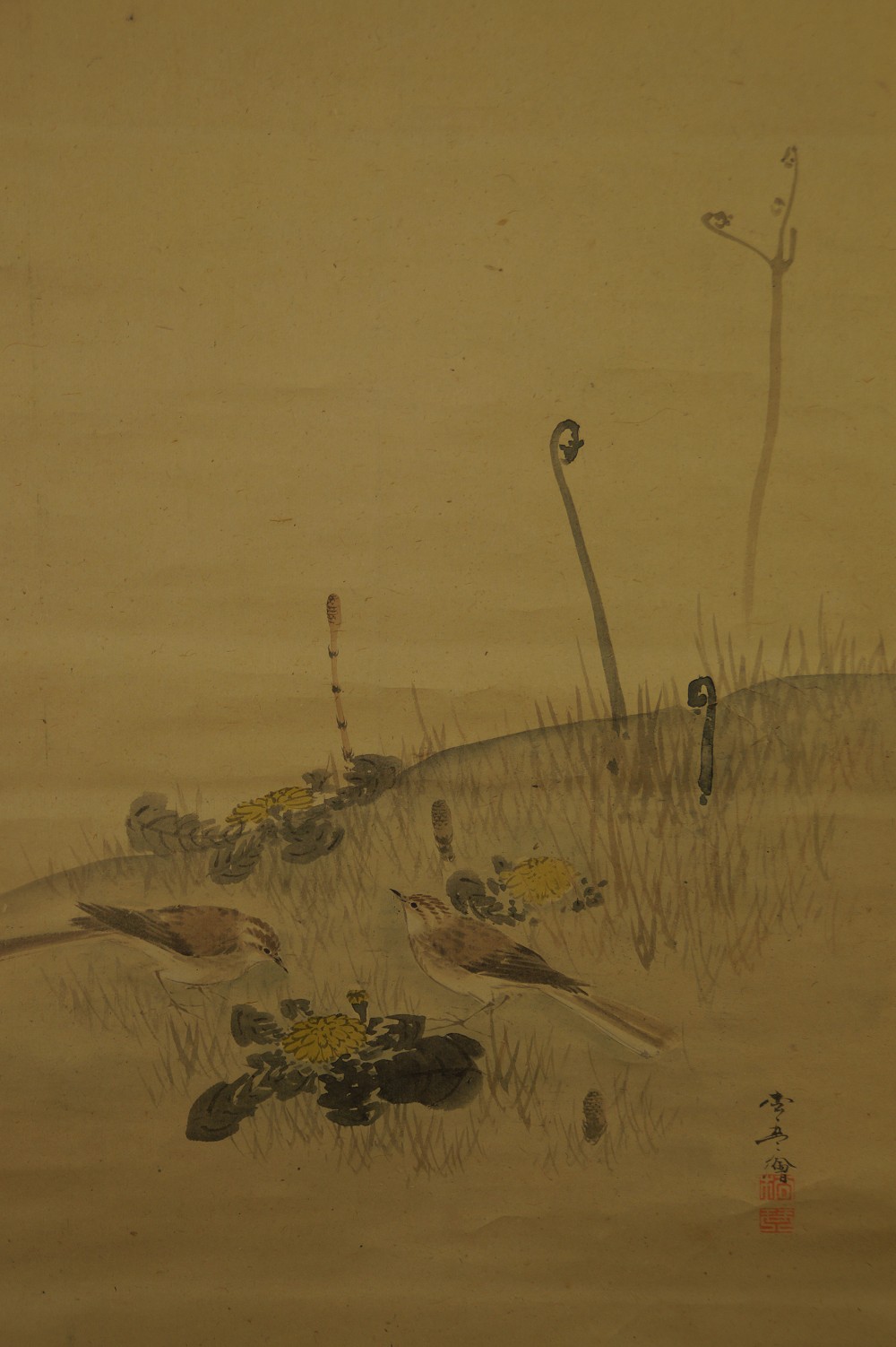 Close-up of the meadow scene with fern fronds, chrysanthemums and birds