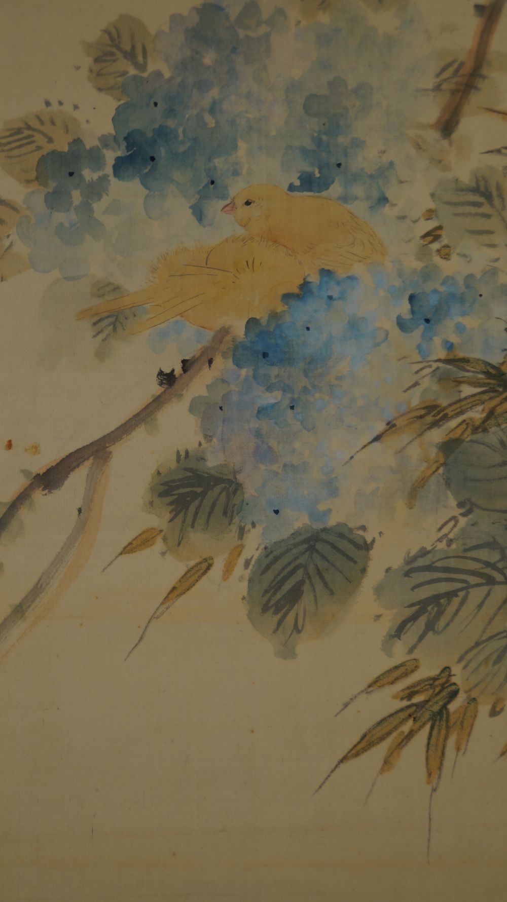 Further close-up of the two yellow birds among the hydrangea blossoms in the kakemono Hydrangeas in Early Summer Light