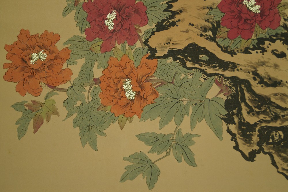 Hanging Scroll Peonies and Sakura Peonies Motif Close-Up