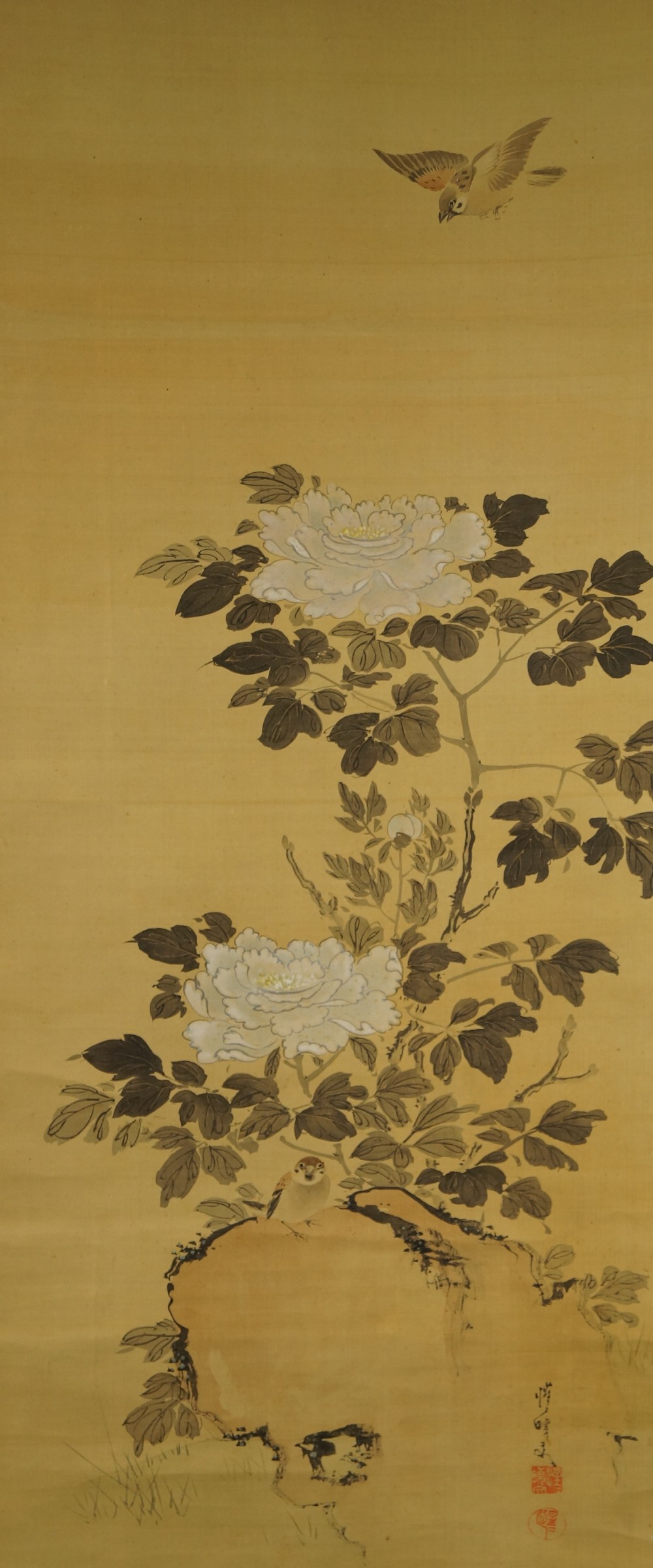 Sparrows and Chrysanthemums Hanging Scroll Full Motif Without Mounting